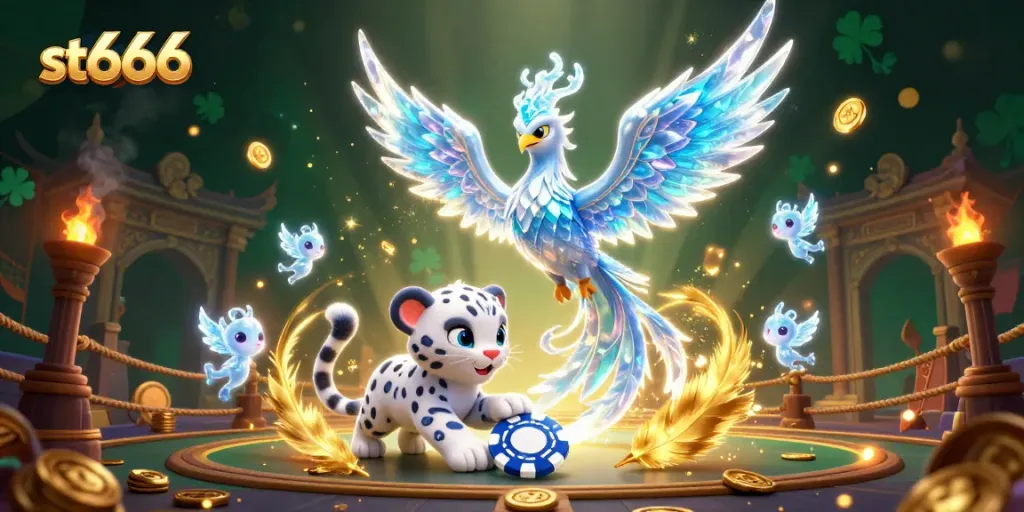 Engage with st666's vibrant casino scene featuring an ice phoenix, snow leopard cub, and poker chip dynamics.