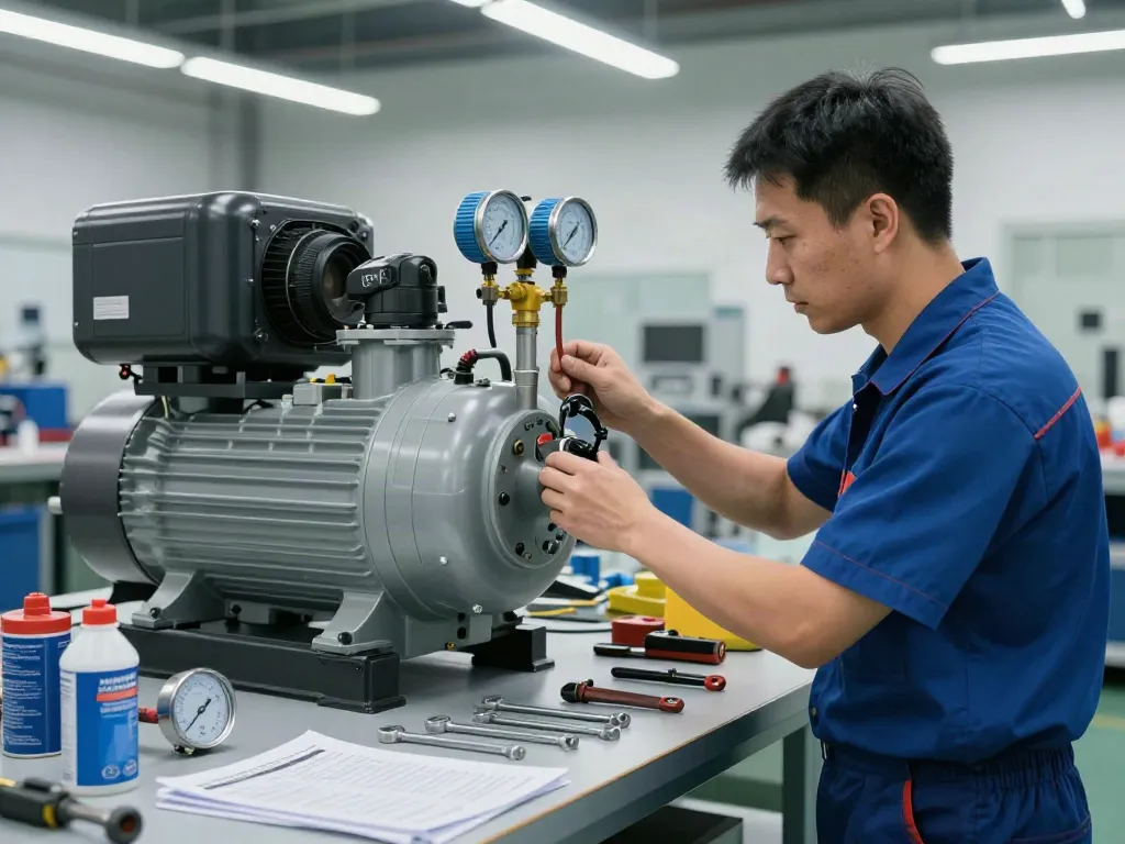 Technician inspecting an air compressor pressure switch in an industrial workshop setting.