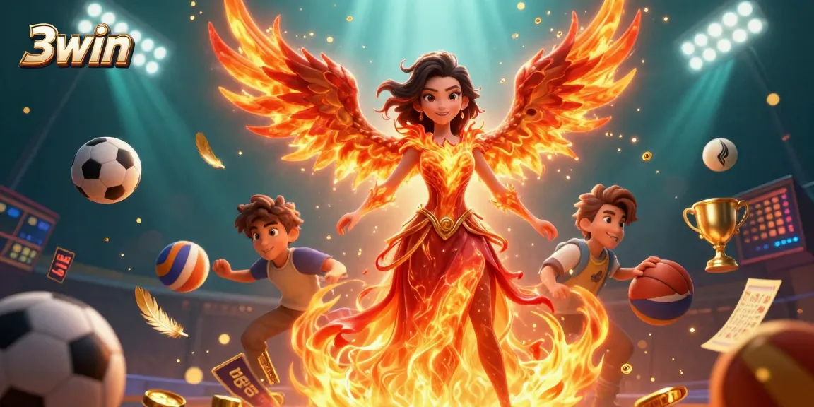 Engage with 3win in an electrifying scene showcasing vibrant sports elements and a stunning character.