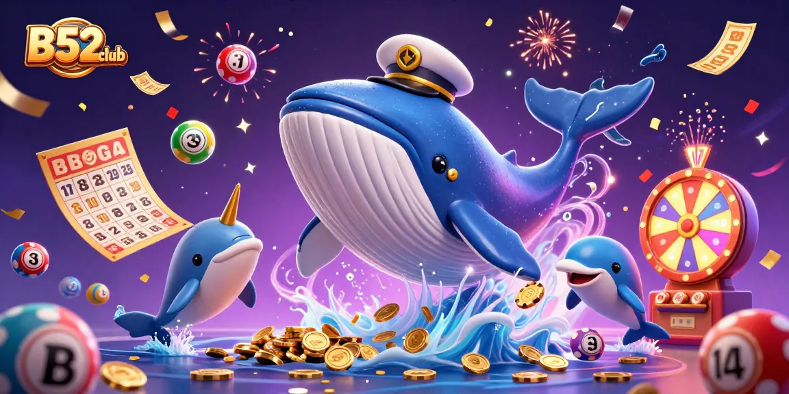B52club celebrates gaming with a whale, narwhal, and dolphins amidst vibrant lottery elements.