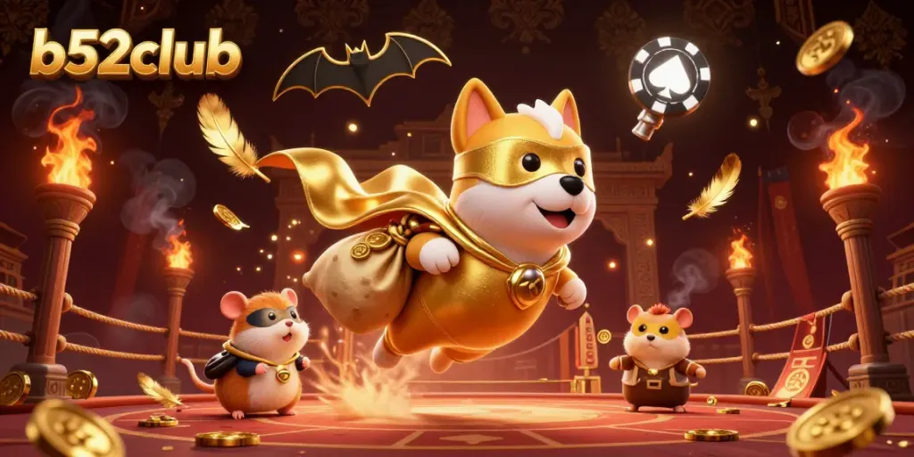 Engage with the thrilling atmosphere of b52club as a superhero dog and his hamster sidekick fly through a vibrant casino world.