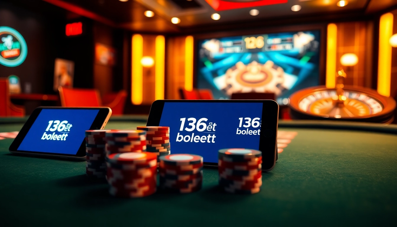 Experience premium gaming with 136bet Download on interactive devices featuring casino tables, poker chips, and vibrant graphics.