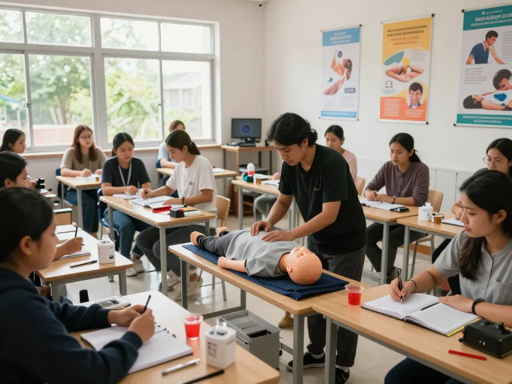 Students learning Hijama techniques during a course in London, with therapy equipment and natural light.