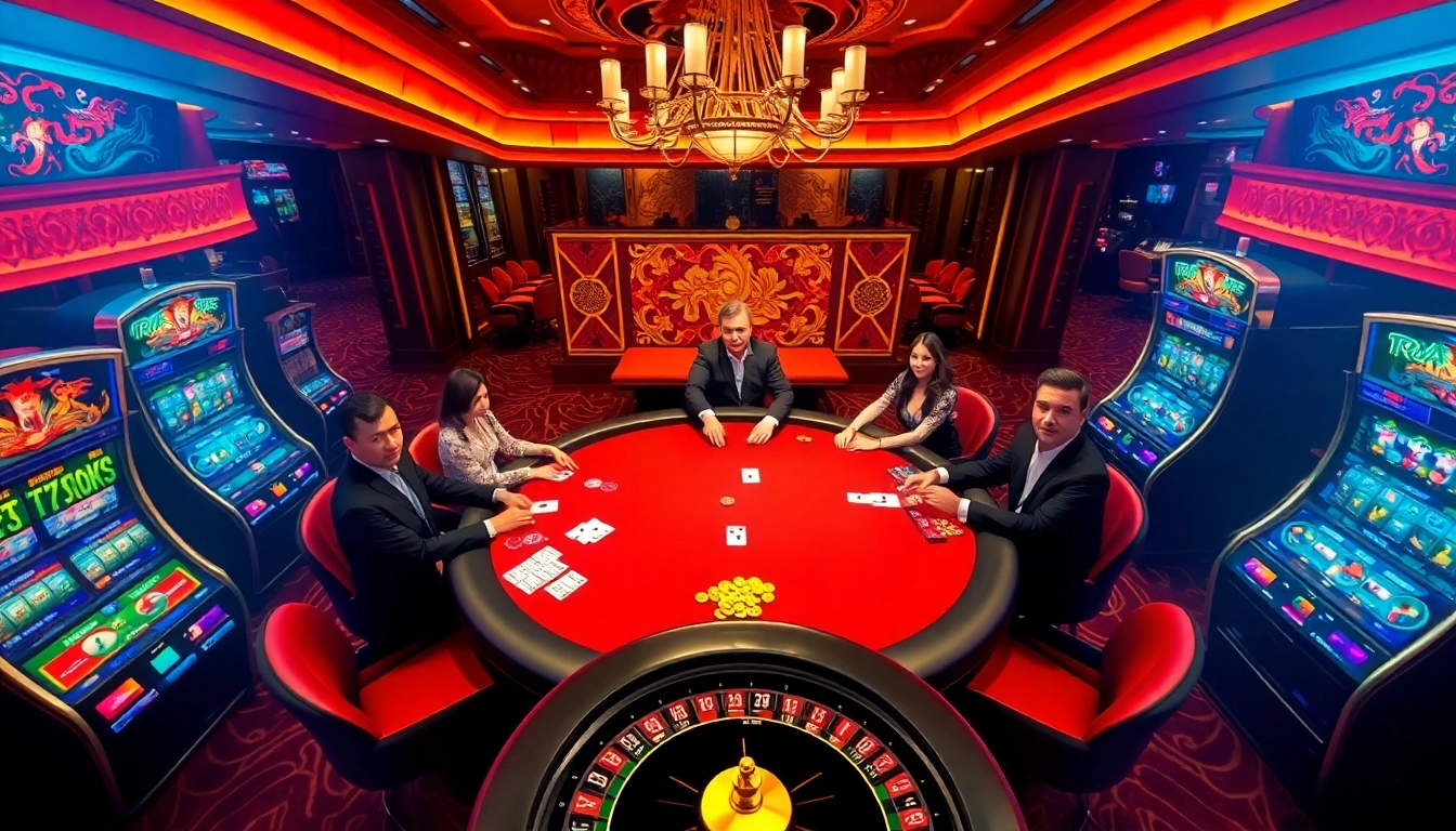 RAJABARONG-themed casino setting with players at a poker table, showcasing excitement and luxury.