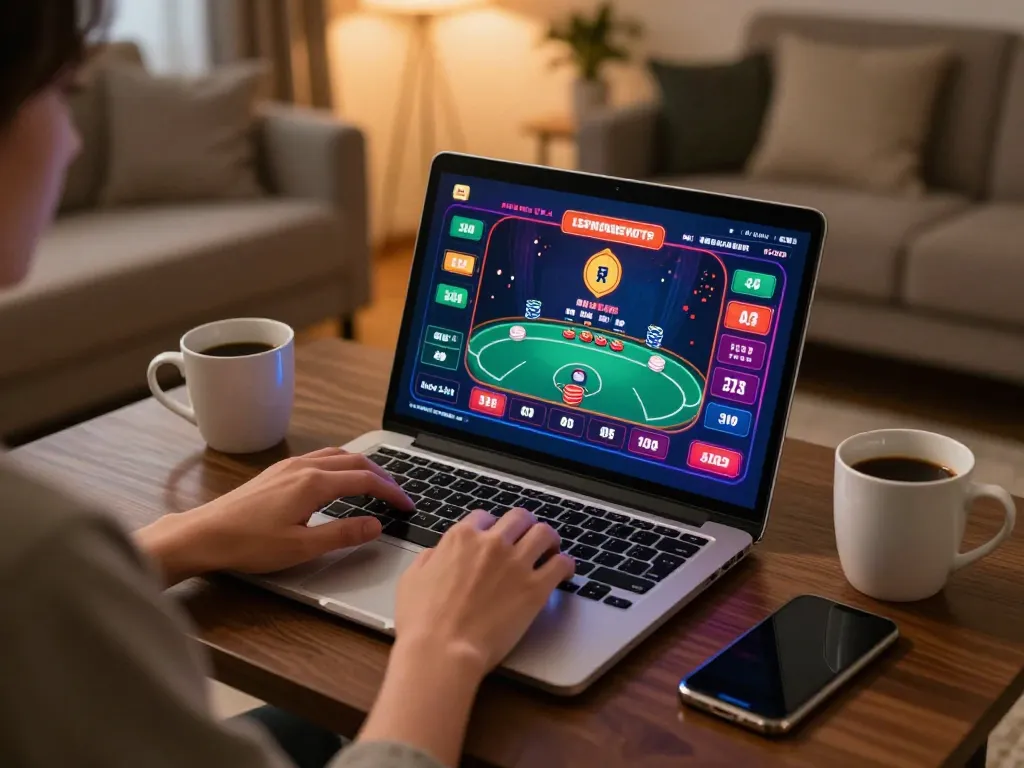 Alo789 user enjoying online poker gameplay on a modern laptop in a cozy home setting.
