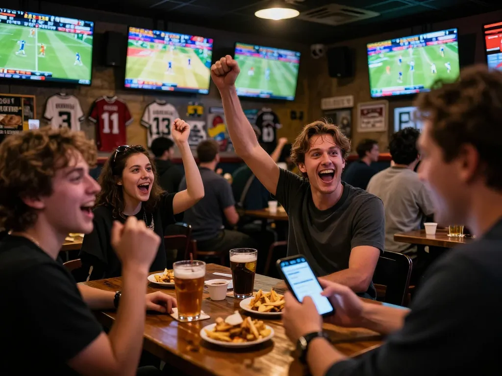 https://go8.agency/ sports bettors enjoying live action in a lively sports bar atmosphere