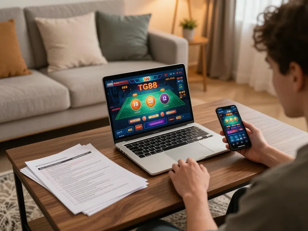 Engaging in strategic gameplay on TG88 casino platform while enjoying a cozy home setting
