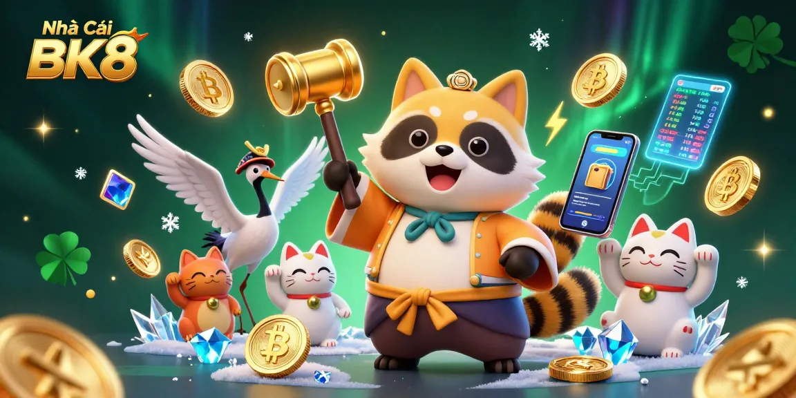 Engaging scene depicting Nhà Cái BK8 with adorable characters and vibrant casino-themed elements.