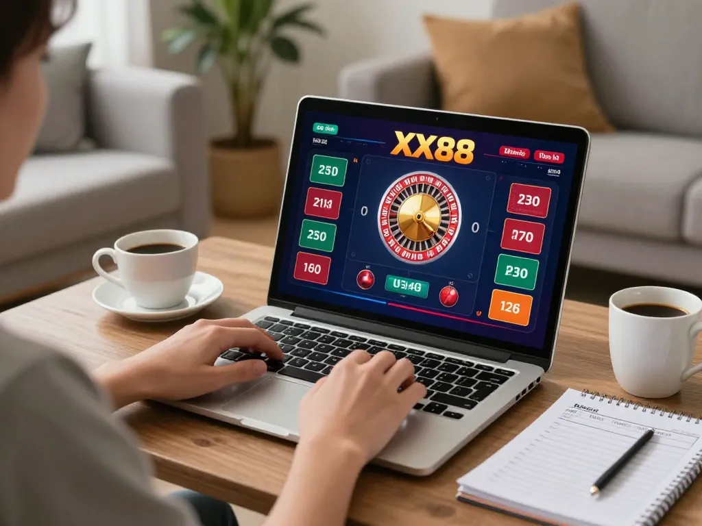 Engaging home gaming setup featuring XX88 roulette on laptop screen with cozy ambiance