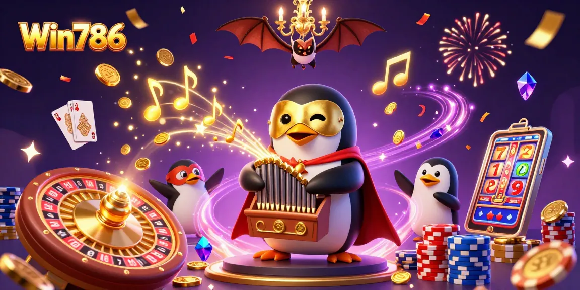 Win786 casino illustration with a penguin playing an organ that shoots coins, adding excitement to gaming.
