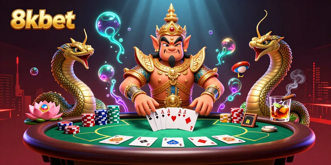 Experience the thrill of 8xbet with traditional Thai guardians and vibrant poker action at a lively casino.