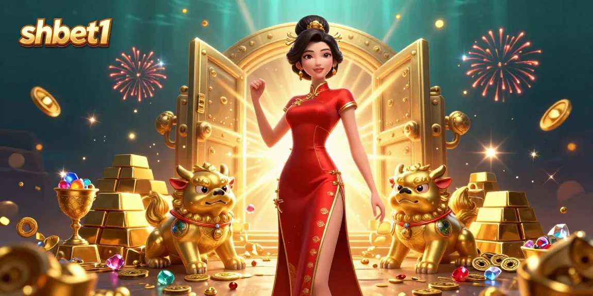 Experience excitement at shbet1 with a glamorous Asian woman amidst golden treasures and dynamic casino elements.