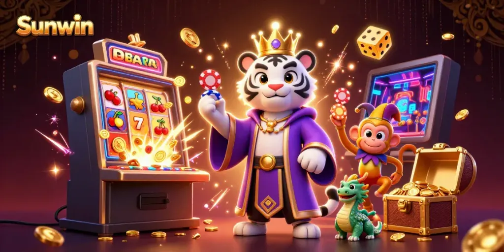 Witness the excitement of Sunwin with a vibrant illustration featuring a white tiger, a jester monkey, and a jade dragon in a rich casino setting.