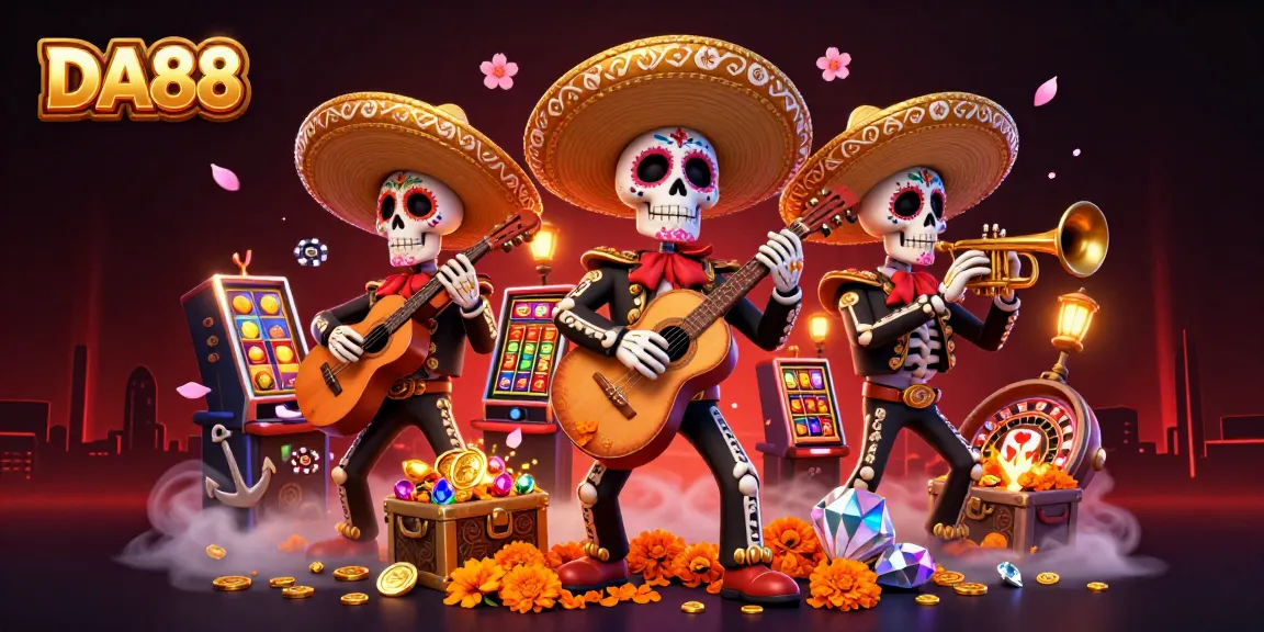 Experience thrilling DA88 gaming moments with interactive slot machines and festive mariachi characters.