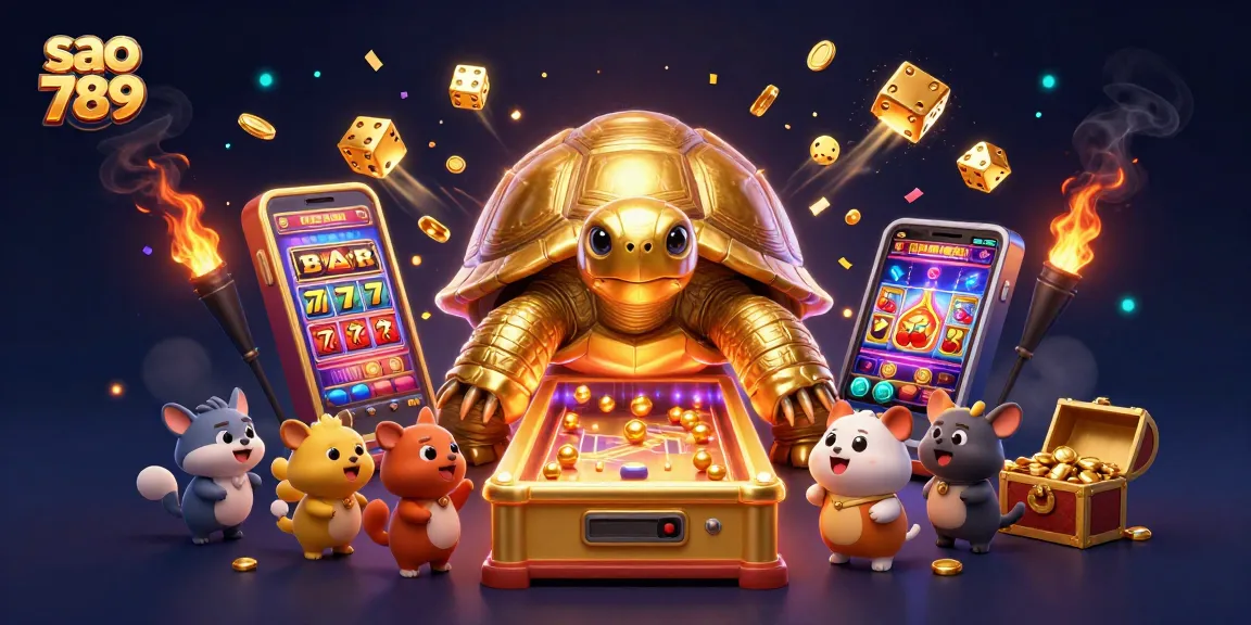 Engage with the thrilling world of sao 789 as playful animals gather around a golden tortoise pinball machine and slot jackpots.