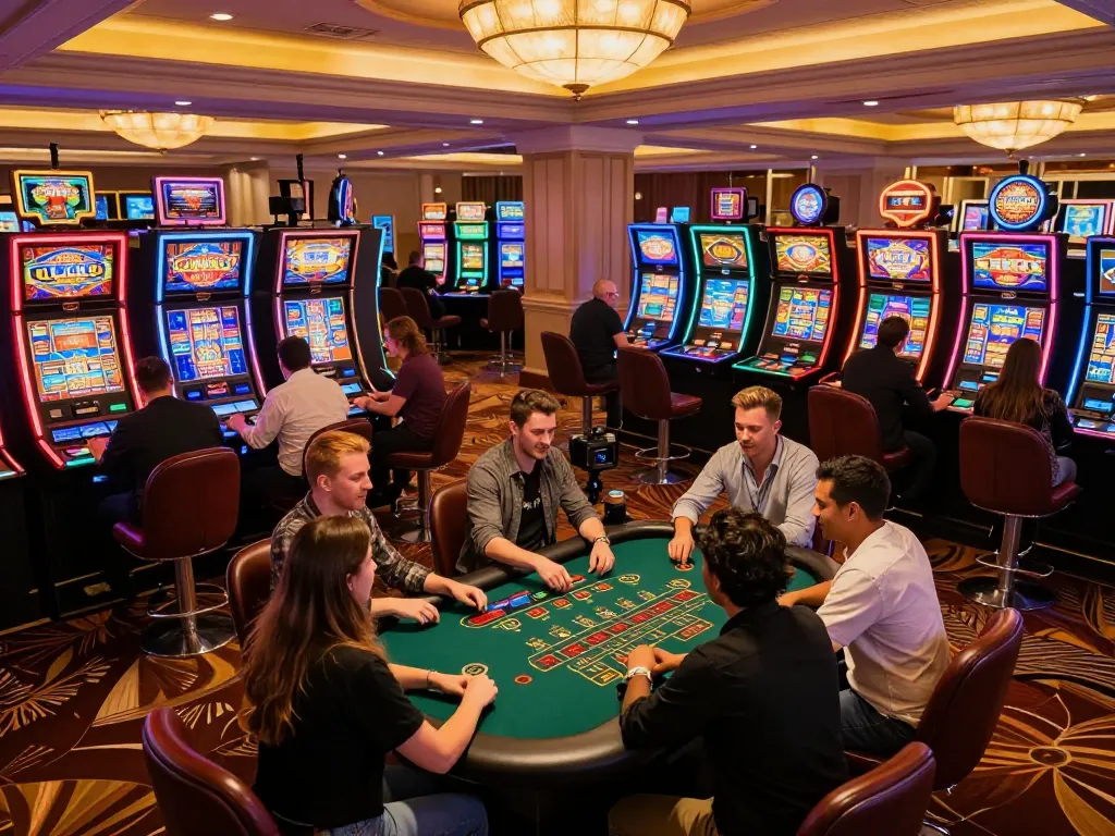 LUCK8 players enjoying vibrant slot machines and blackjack at a luxury casino.