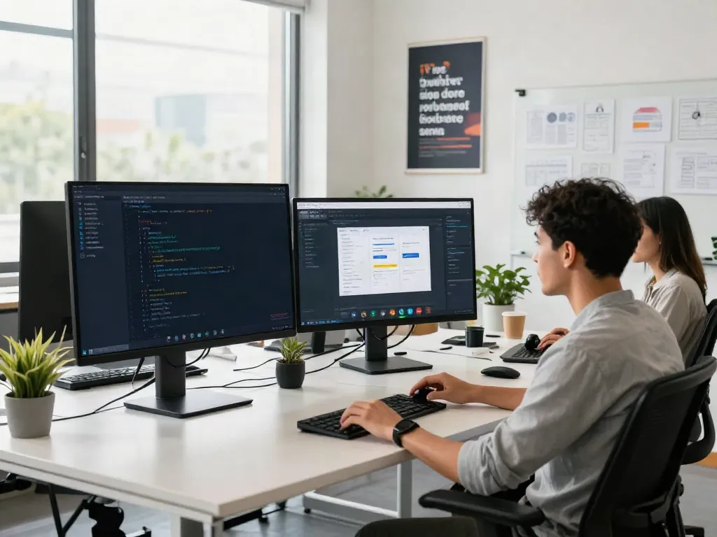 The web development workspace showcasing a developer collaborating on code with a vibrant team in a modern office.