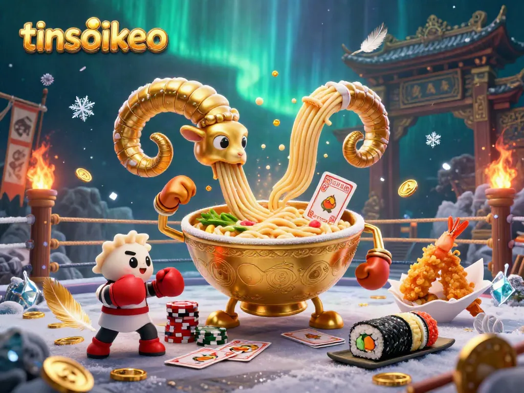 Engage with tinsoikeo's vibrant 3D illustration showcasing a golden ramen bowl and dynamic gambling elements.