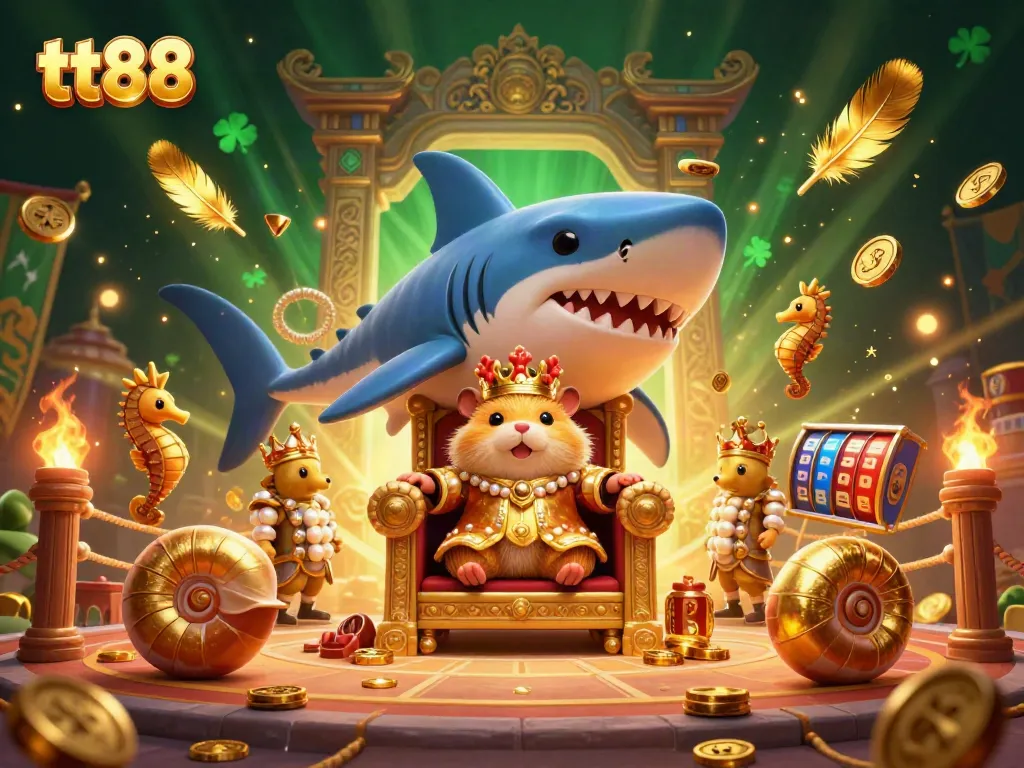 Spin to win with tt88 featuring a golden hamster king in a vibrant casino scene.