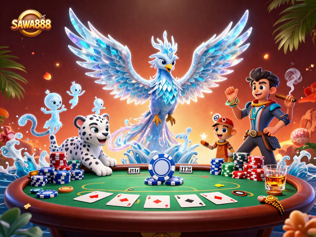 SAWA888 engaging players with vibrant 3D characters, showcasing thrilling casino action.