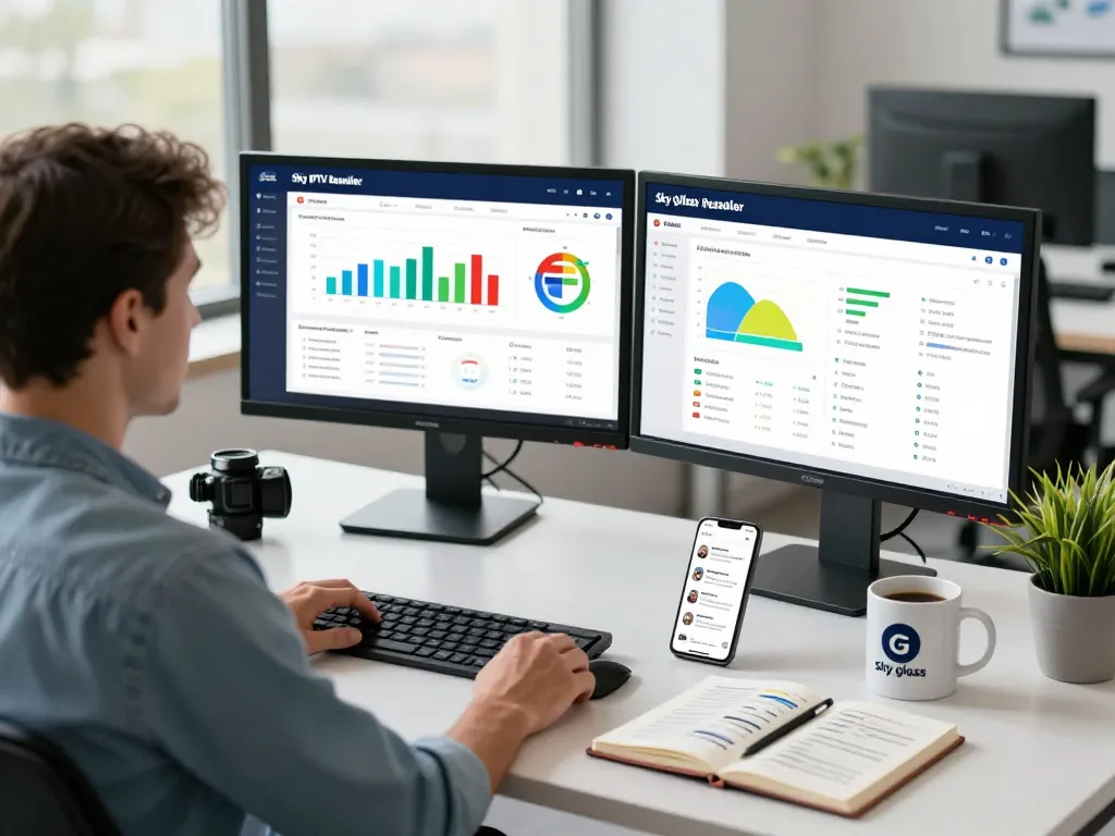 Sky Glass IPTV Reseller Panel dashboard in a modern workspace setting, showcasing analytics and reports.