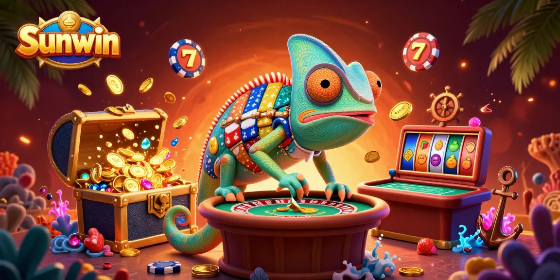 Engage in exciting gameplay at Sunwin with vibrant casino elements, featuring a chameleon owner.