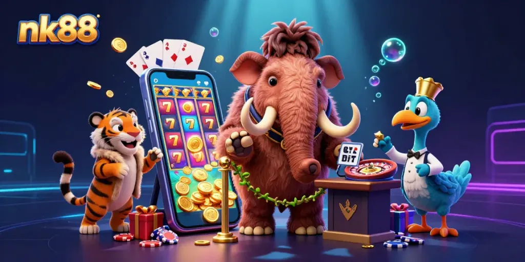 Experience thrilling gaming with nk88 featuring a vibrant casino scene with dynamic characters and slot elements.