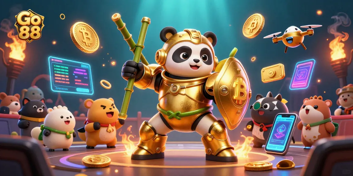 Play thrilling slots at Go 88 with a dynamic 3D casino illustration featuring vibrant game elements.