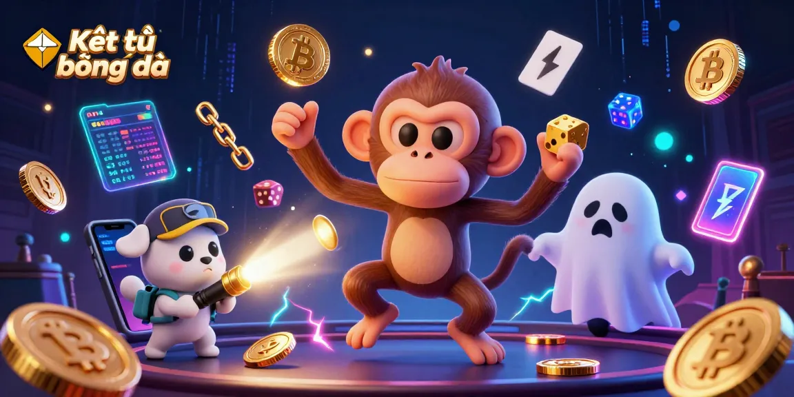 Engage with Kết quả bóng đá in this vibrant scene featuring a mischievous monkey and a curious puppy in a haunted casino.