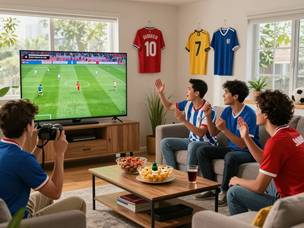 Friends enjoying live football on https://cakhiatv.design/ with snacks and jerseys in a cozy setting.