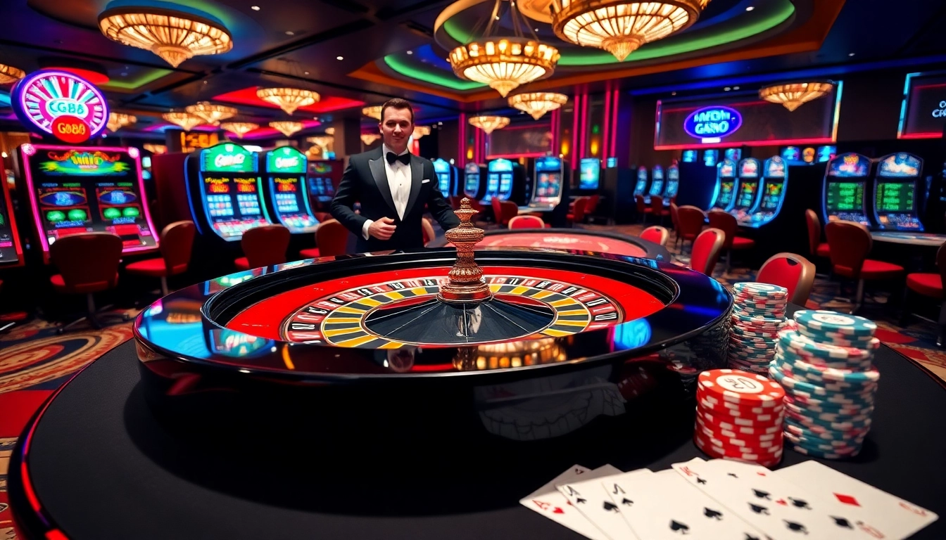 GG88 casino experience with roulette table, vibrant chips, and lively atmosphere.