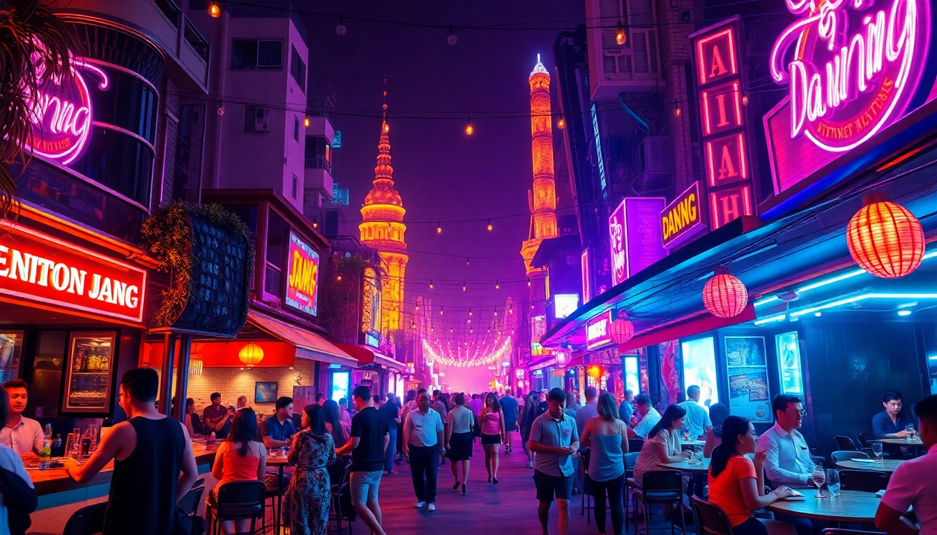 Experience da nang nightlife with vibrant lights and lively atmosphere in Da Nang's famous nightlife district.