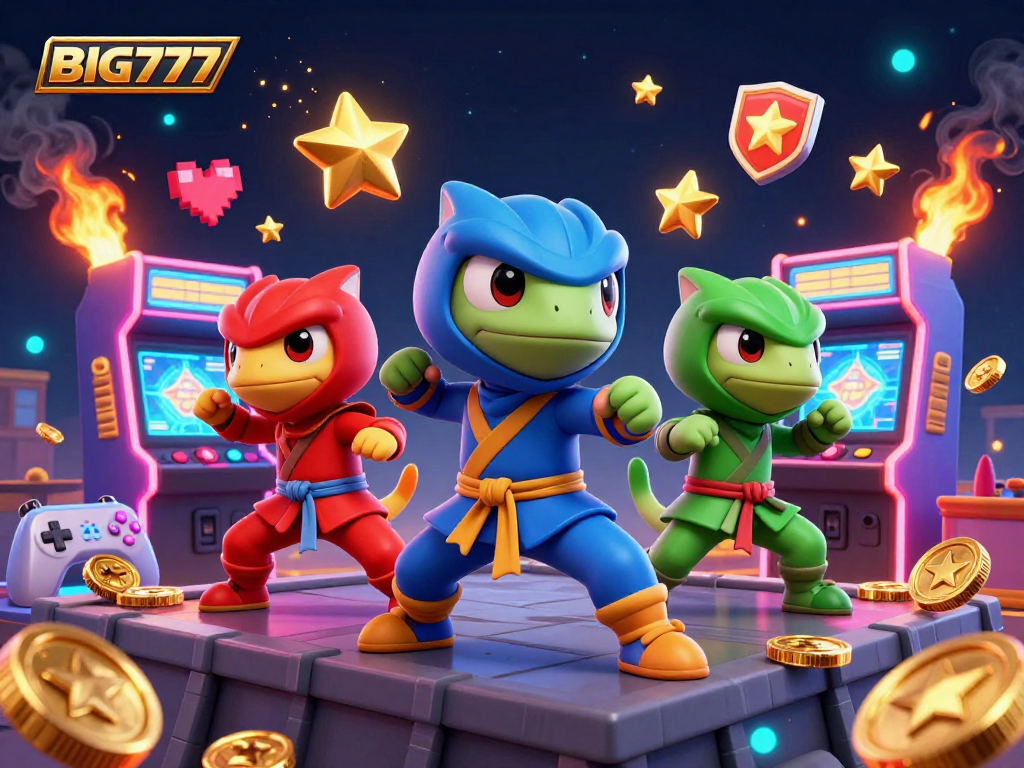 Engage with BIG777 as ninja chameleons showcase vibrant martial arts amidst gaming elements.