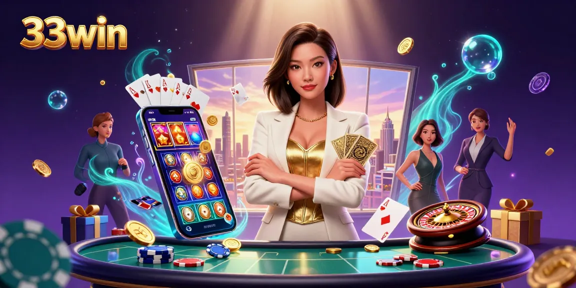 Engage with high-stakes action at 33win, featuring a glamorous businesswoman and dynamic casino themes.