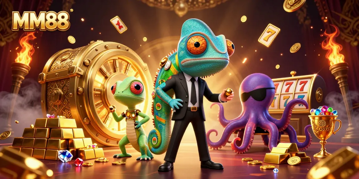 Experience the thrilling world of MM88 with dynamic casino elements and colorful characters.