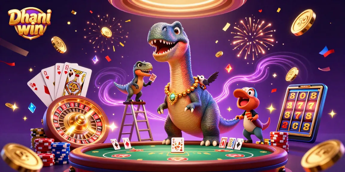 Dhani win gameplay scene with a playful brontosaurus and raptor dealer amidst vibrant casino elements.