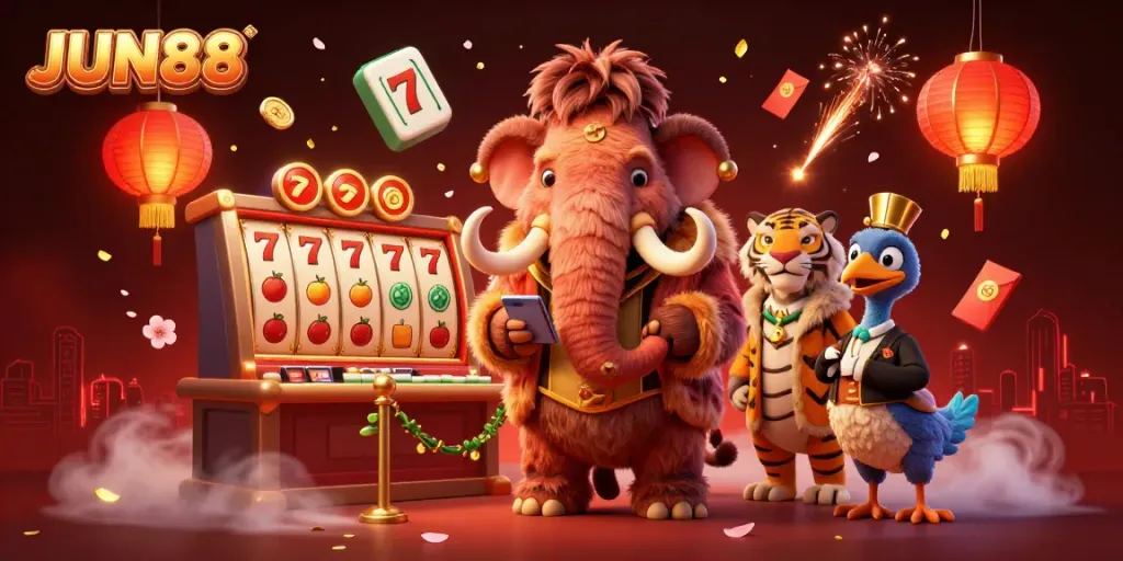 Experience exciting gaming action with JUN88 at a vibrant casino featuring unique characters and elements.