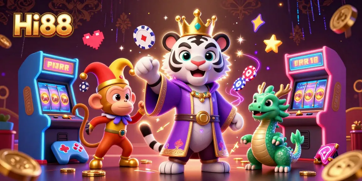 Experience Hi88's vibrant gaming world with the tiger and monkey in a casino-themed illustration.