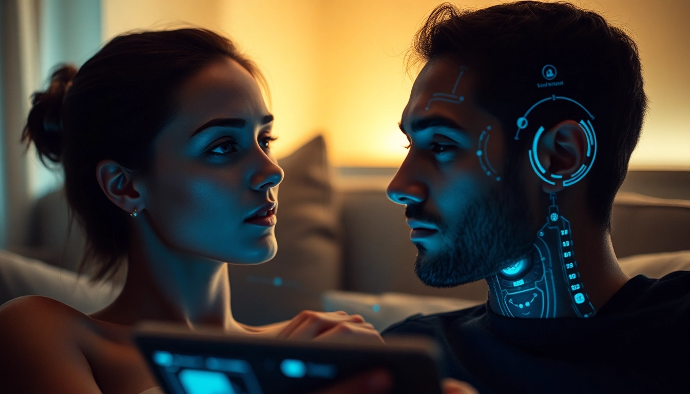 Engaging interaction with sex AI highlighting emotional connection and futuristic technology in a warm ambiance.
