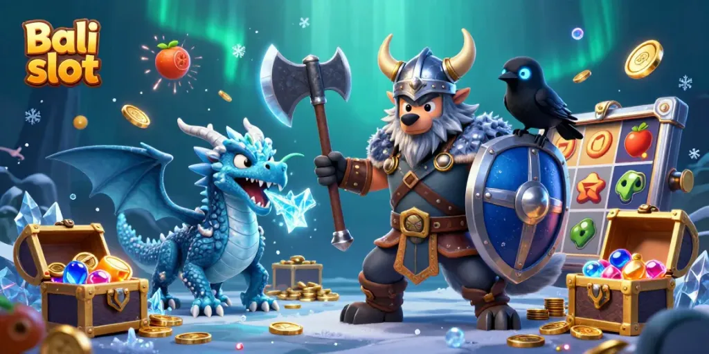 Experience the thrill of Bali slot with a heroic Viking wolf and treasure in a vibrant casino scene.