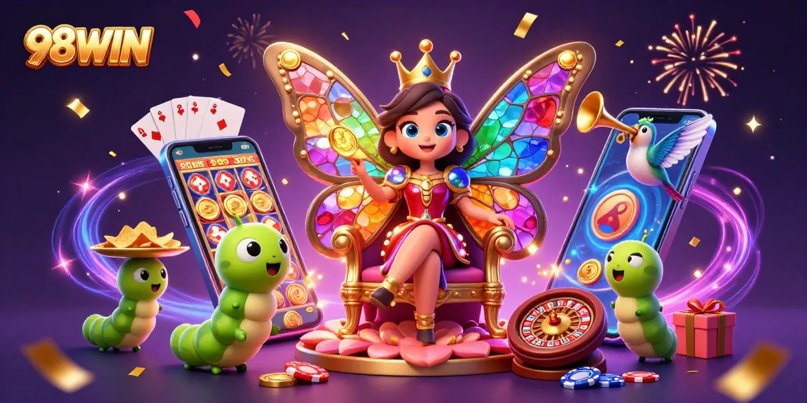 Experience the vibrant 98WIN casino scene with a butterfly queen and dynamic gaming elements.