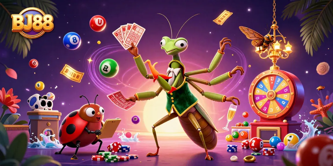 Engage with BJ88's exciting casino games through a vibrant illustration featuring unique characters and dynamic elements.