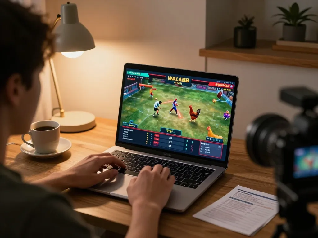 WALA88 live betting experience on a laptop with intense chicken fights streaming.
