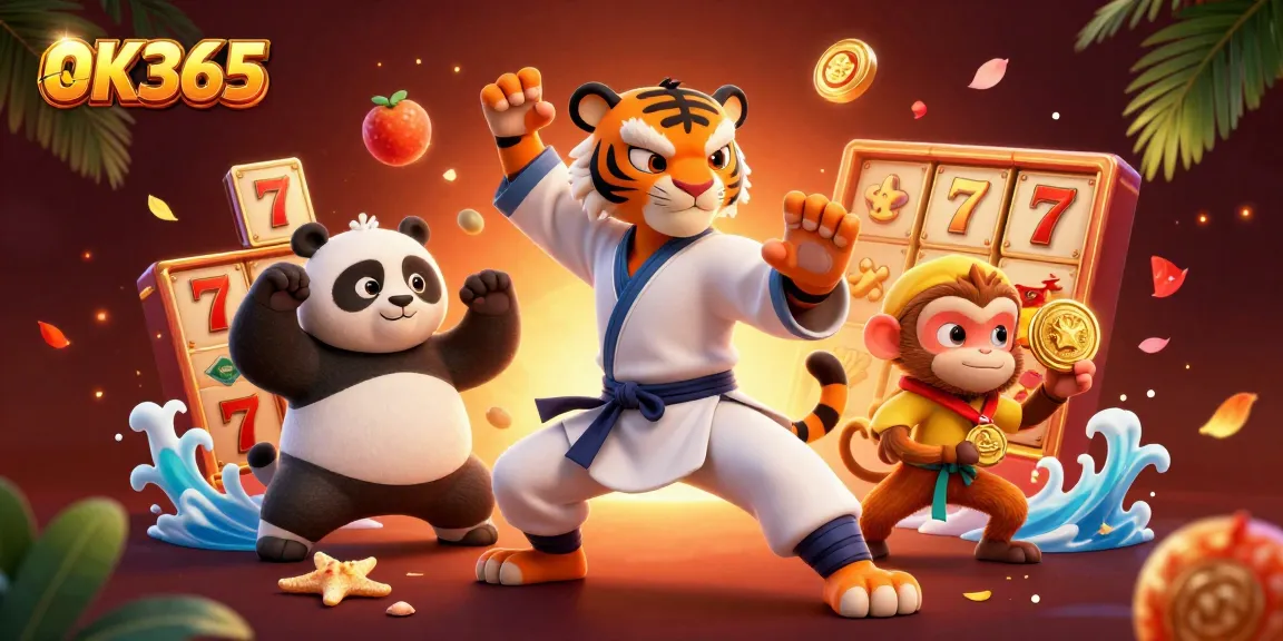 Engage with exciting slot games at OK365 as 3D characters enjoy vibrant casino elements.