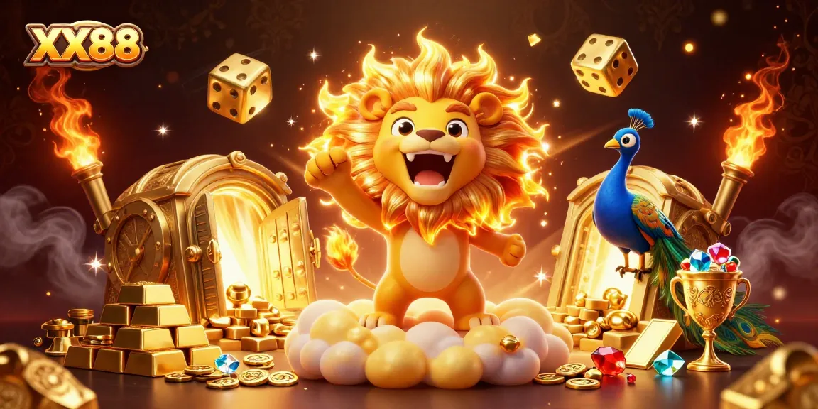 Experience the thrilling world of XX88 with a vibrant casino-themed digital illustration featuring a roaring lion and golden dice.