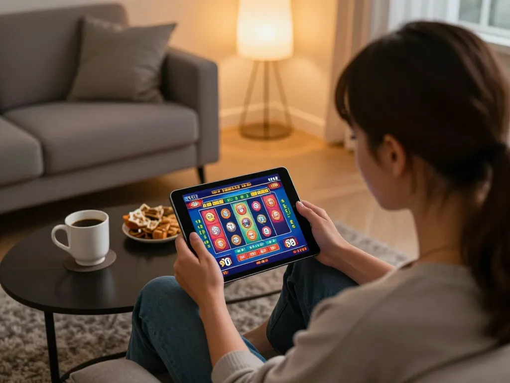 Player enjoying a thrilling online slot game on Bem88 in a cozy home setting.