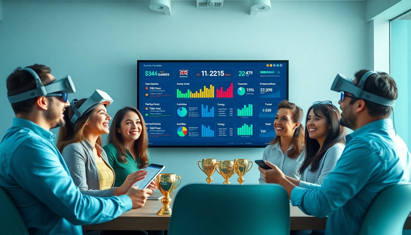Showcase a team engaged with a gamification solution, boosting motivation and productivity in a modern office environment.
