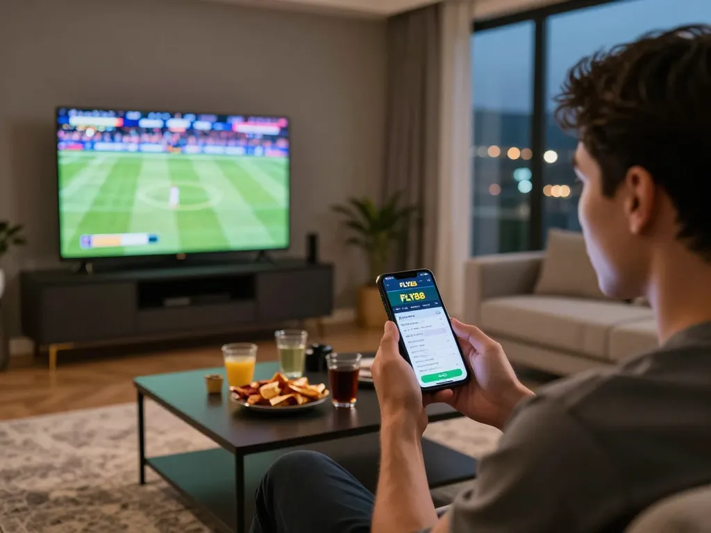 Person engaged in sports betting using FLY88 app while watching a game on TV.