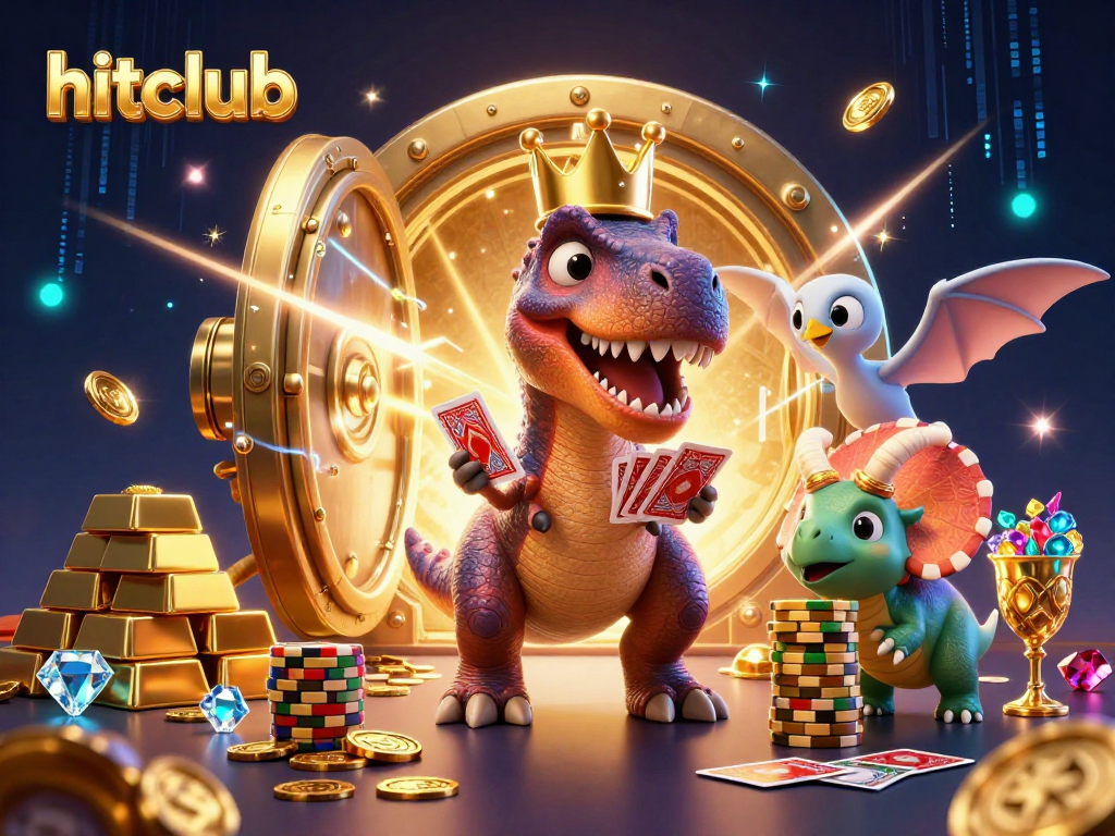 Hitclub showcases a friendly T-Rex shuffling cards while a Triceratops stacks chips in a vibrant casino scene.