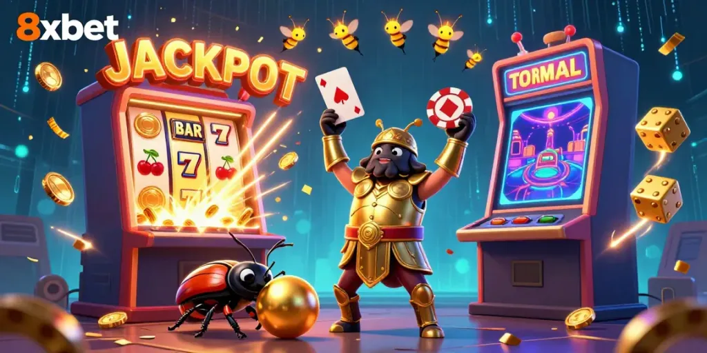 Experience jackpot excitement with 8xbet illustration featuring a victorious beetle and dynamic casino elements.